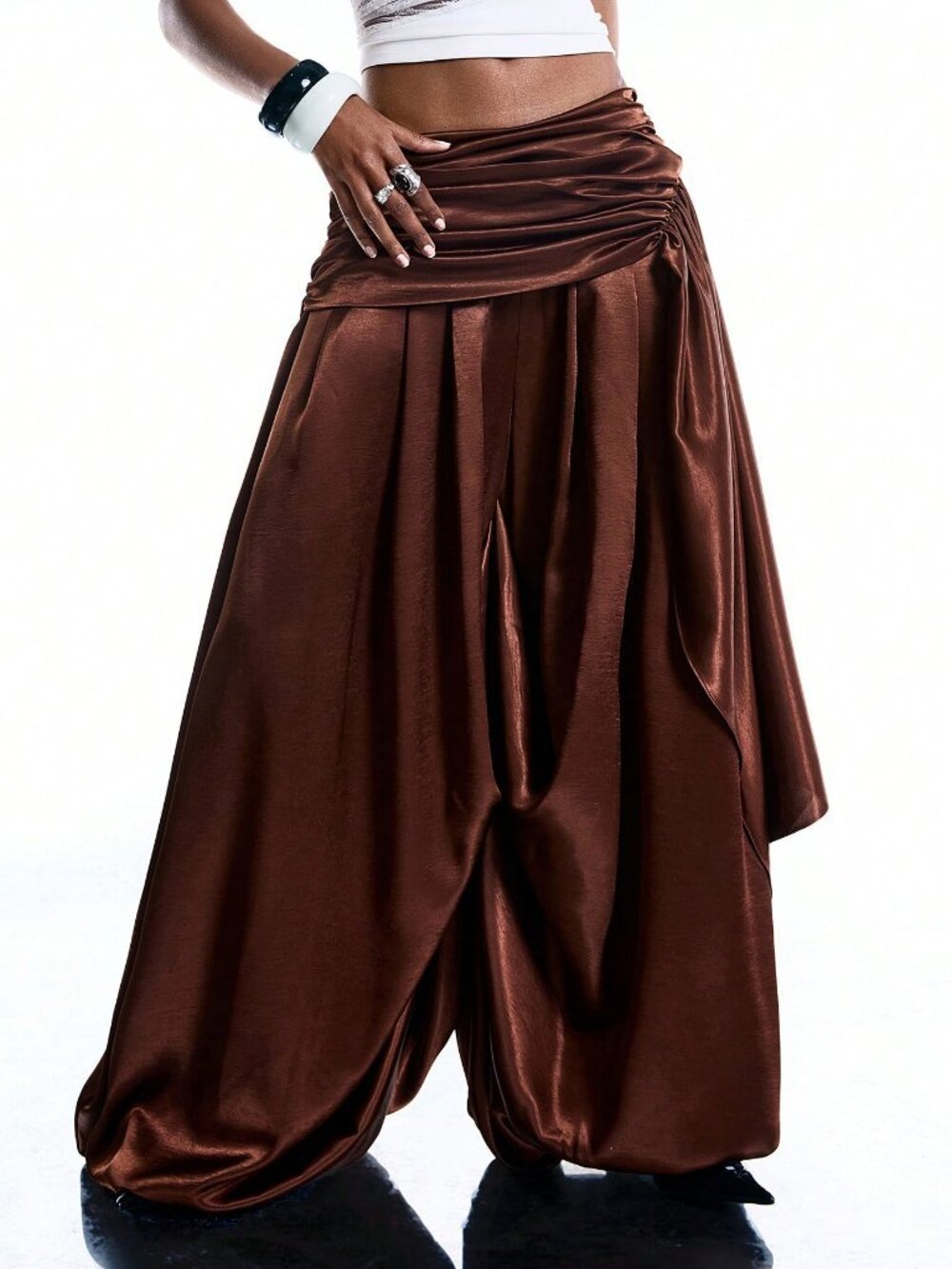 Coffee Brown Casual Women's Minimalism Draping Waist Loose Baggy Pants - Picture 5 of 5